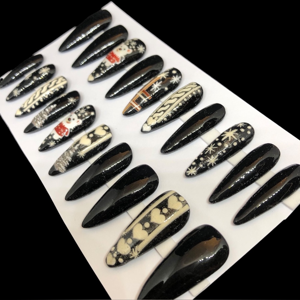 Handmade Press On Nails Custom Long Nails Almond Shape Black Christmas Nails - Picture 6 of 9